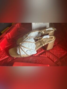 Metallic Gold Strappy Block Heel Sandals - Women's